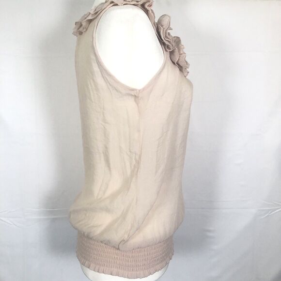 Mine Sheer Pullover Blouse Top Size S Scoop Neck Pearl Rosettes Beige - Picture 10 of 16